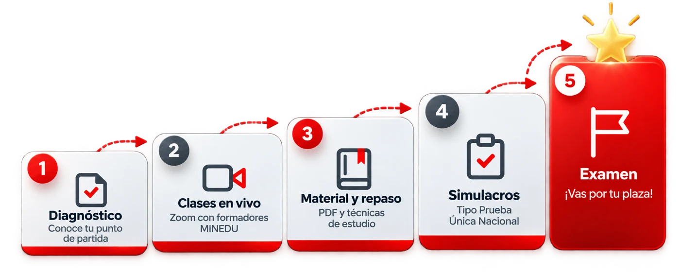 Ruta del programa: diagnóstico, clases en vivo, material y repaso, simulacros y examen